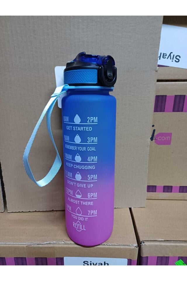 Mor Mavi Kilitli Sızdırmaz Kapaklı Pipetli Matara Kayışlı ve Motivasyon Yazılı Matara 1 Litre
