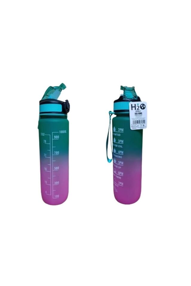 Pembe Yeşil Kilitli Sızdırmaz Kapaklı Pipetli Matara Kayışlı ve Motivasyon Yazılı Matara 1 Litre