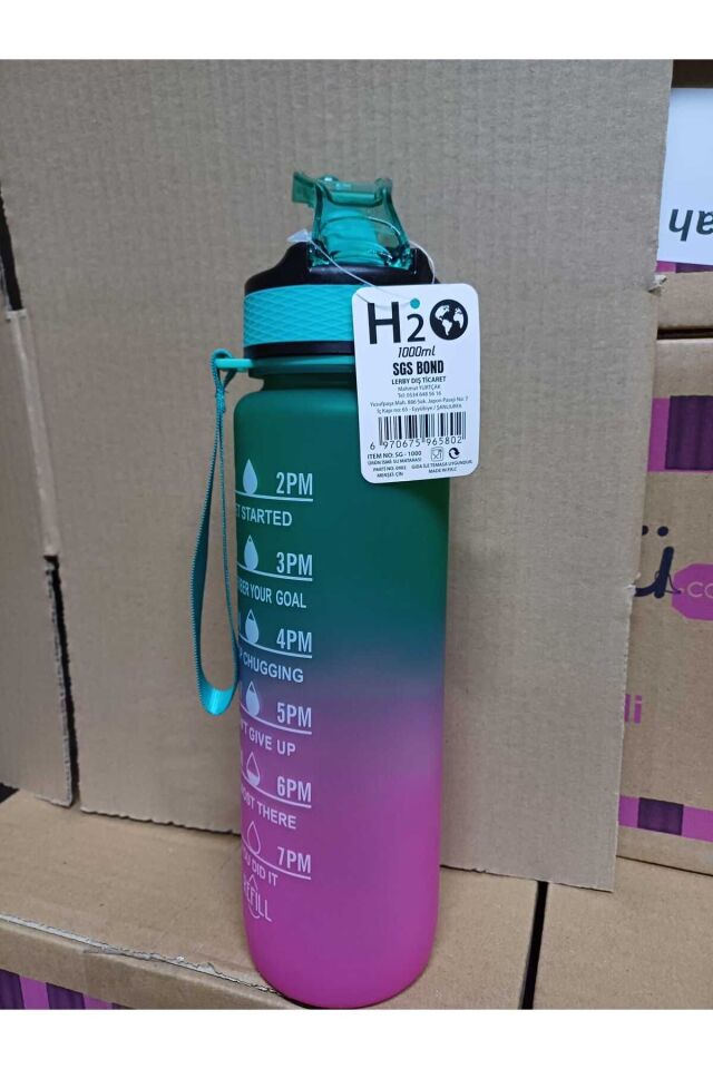 Pembe Yeşil Kilitli Sızdırmaz Kapaklı Pipetli Matara Kayışlı ve Motivasyon Yazılı Matara 1 Litre