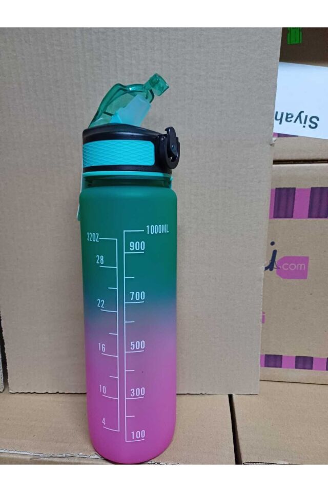 Pembe Yeşil Kilitli Sızdırmaz Kapaklı Pipetli Matara Kayışlı ve Motivasyon Yazılı Matara 1 Litre