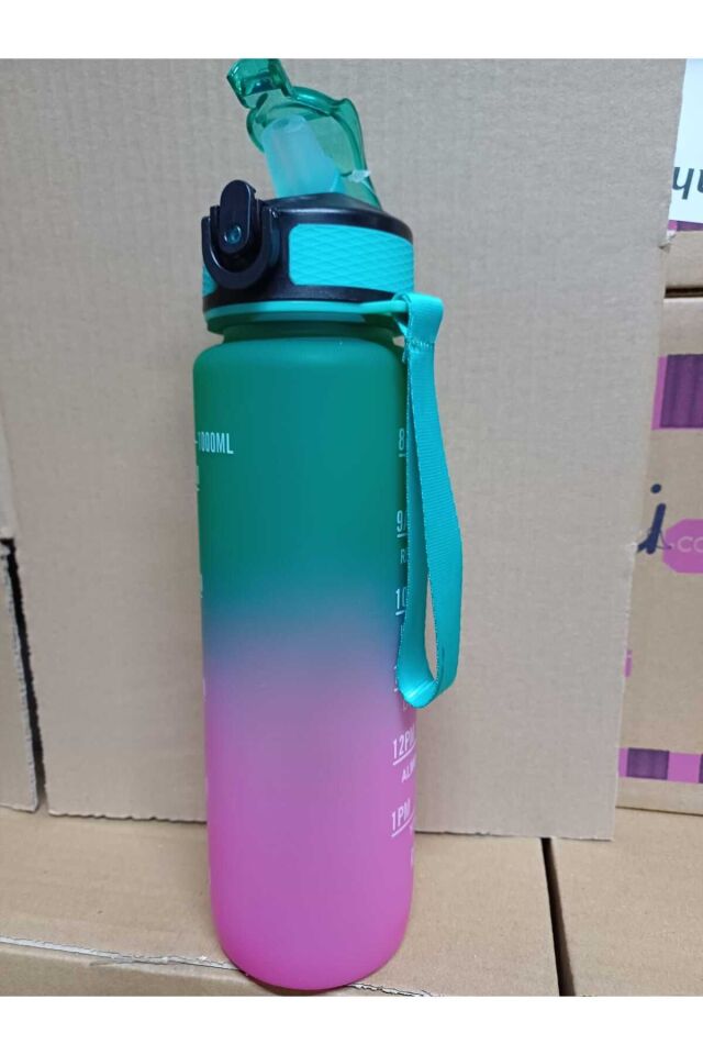 Pembe Yeşil Kilitli Sızdırmaz Kapaklı Pipetli Matara Kayışlı ve Motivasyon Yazılı Matara 1 Litre