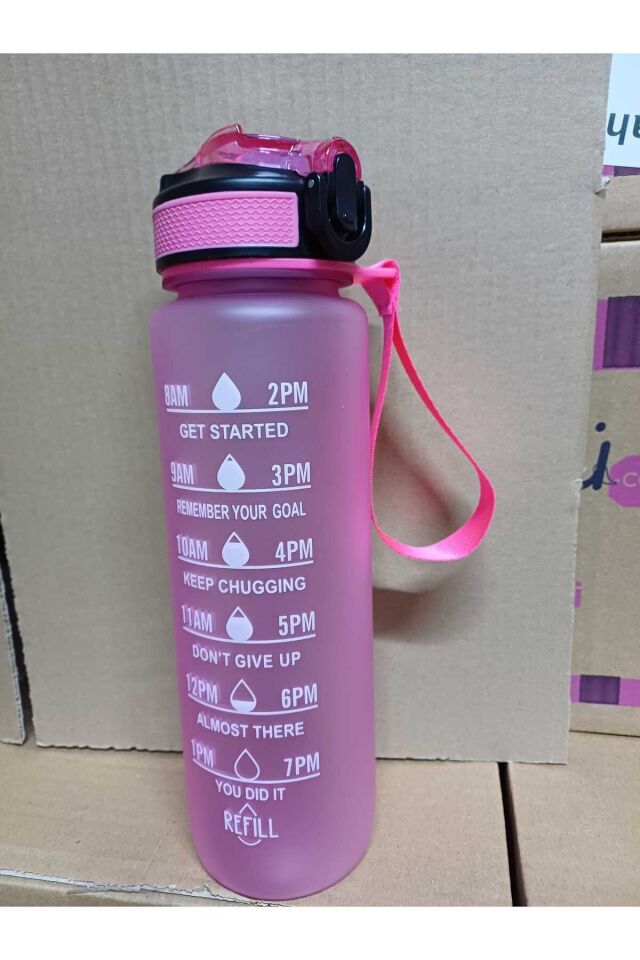 Mor Renkli Kilitli Sızdırmaz Kapaklı Pipetli Matara Kayışlı ve Motivasyon Yazılı Matara 1 Litre