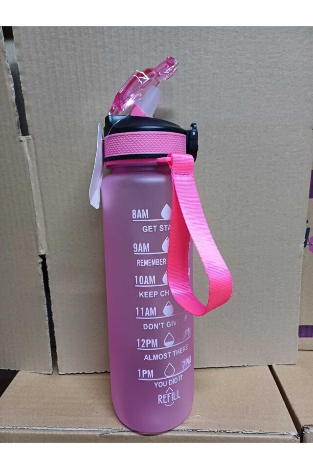 Mor Renkli Kilitli Sızdırmaz Kapaklı Pipetli Matara Kayışlı ve Motivasyon Yazılı Matara 1 Litre