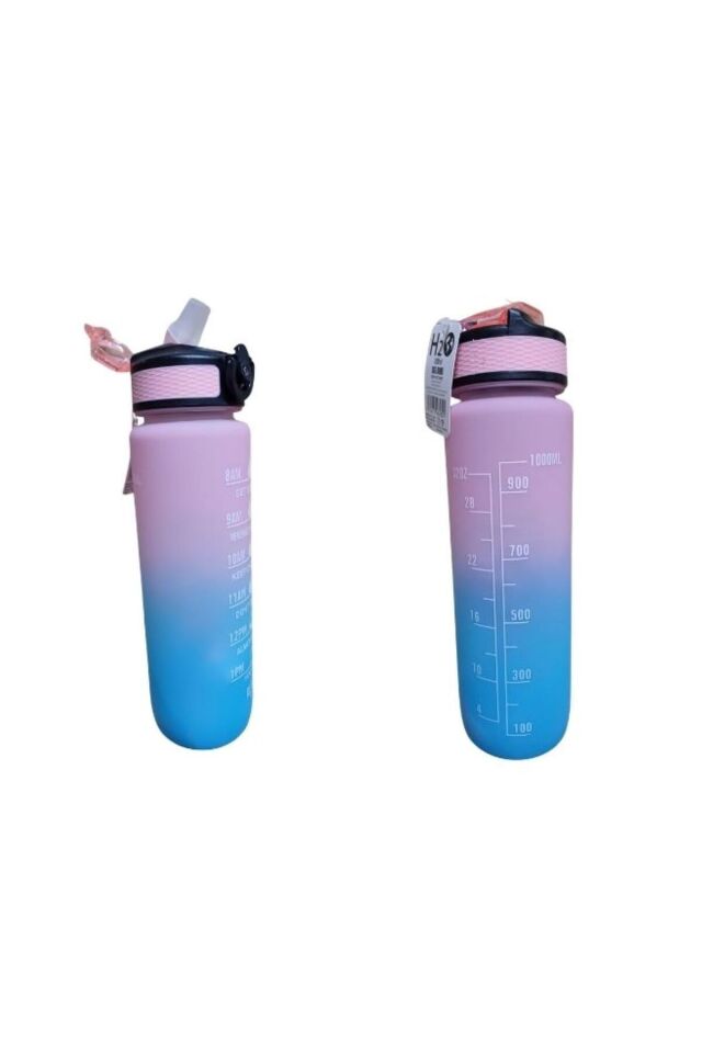 Mavi-Pembe Kilitli Sızdırmaz Kapaklı Pipetli Matara Kayışlı ve Motivasyon Yazılı Matara 1 Litre