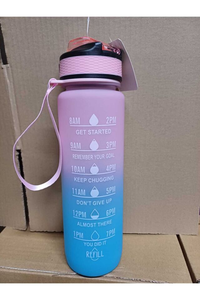 Mavi-Pembe Kilitli Sızdırmaz Kapaklı Pipetli Matara Kayışlı ve Motivasyon Yazılı Matara 1 Litre