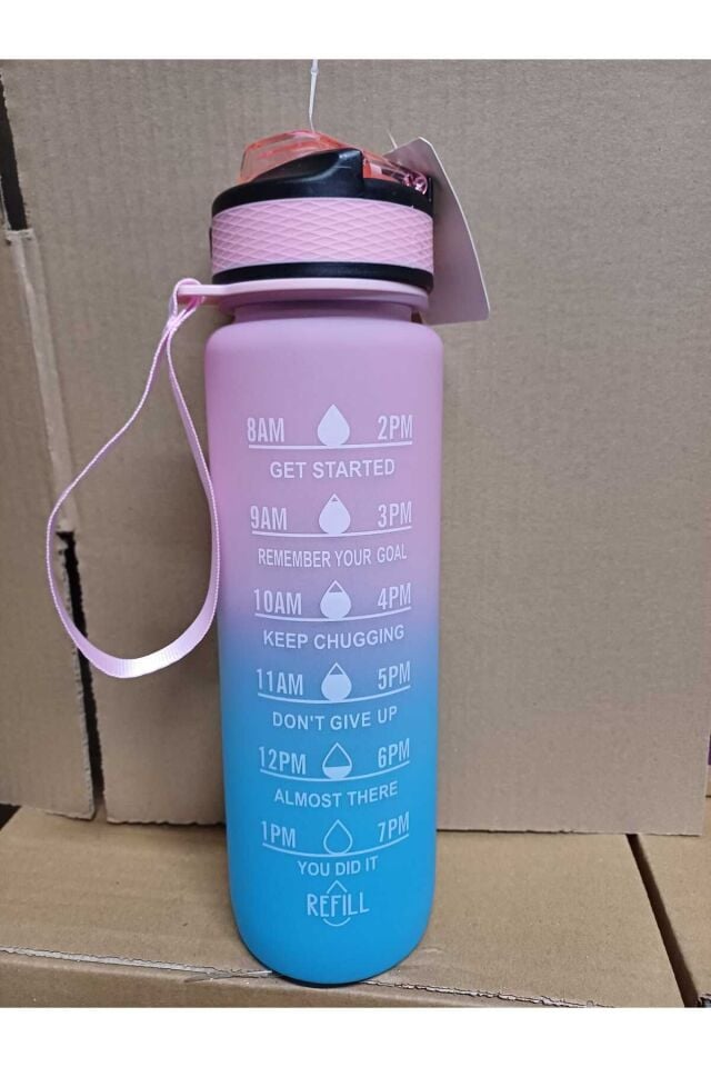 Mavi-Pembe Kilitli Sızdırmaz Kapaklı Pipetli Matara Kayışlı ve Motivasyon Yazılı Matara 1 Litre