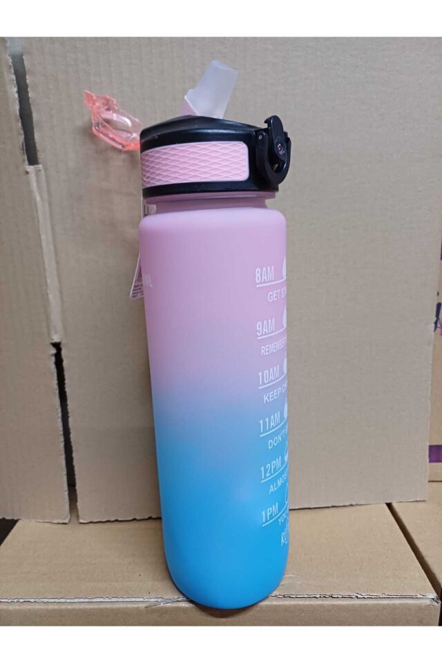 Mavi-Pembe Kilitli Sızdırmaz Kapaklı Pipetli Matara Kayışlı ve Motivasyon Yazılı Matara 1 Litre