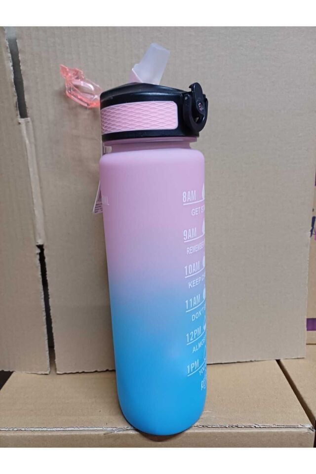 Mavi-Pembe Kilitli Sızdırmaz Kapaklı Pipetli Matara Kayışlı ve Motivasyon Yazılı Matara 1 Litre