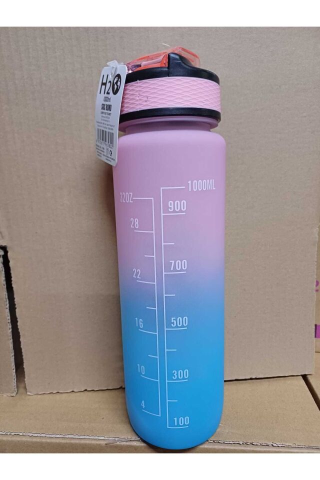 Mavi-Pembe Kilitli Sızdırmaz Kapaklı Pipetli Matara Kayışlı ve Motivasyon Yazılı Matara 1 Litre