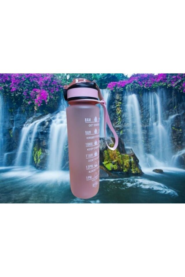 Pembe Renkli Kilitli Sızdırmaz Kapaklı Pipetli Matara Kayışlı ve Motivasyon Yazılı Matara 1 Litre