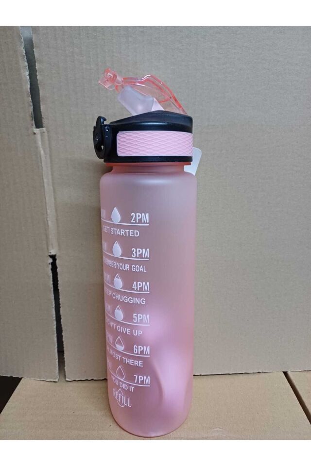 Pembe Renkli Kilitli Sızdırmaz Kapaklı Pipetli Matara Kayışlı ve Motivasyon Yazılı Matara 1 Litre