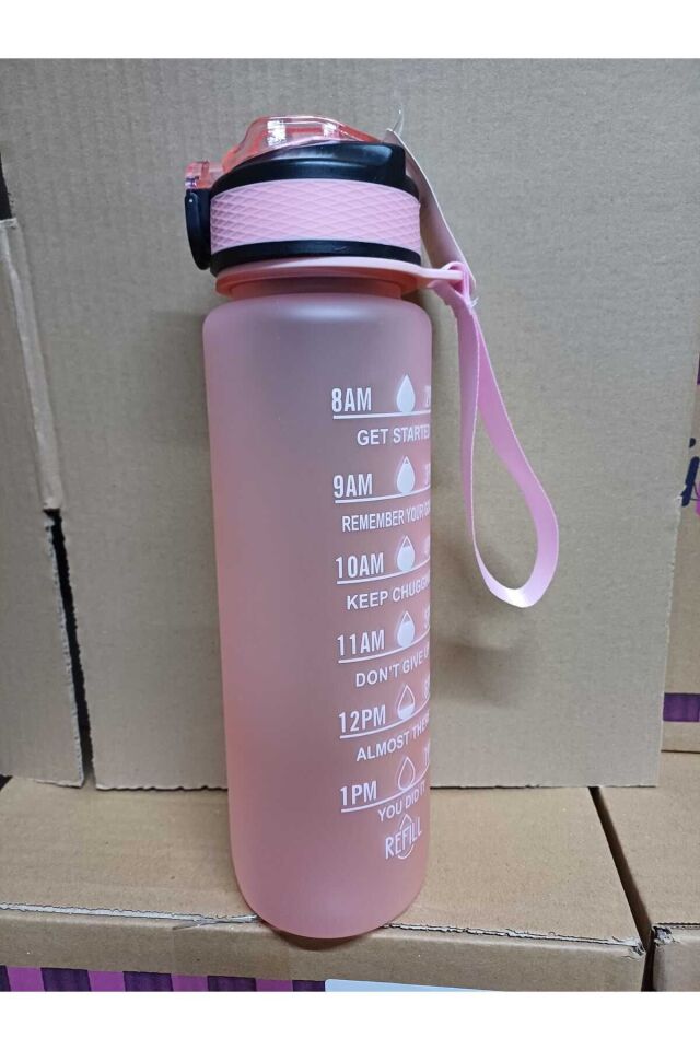 Pembe Renkli Kilitli Sızdırmaz Kapaklı Pipetli Matara Kayışlı ve Motivasyon Yazılı Matara 1 Litre
