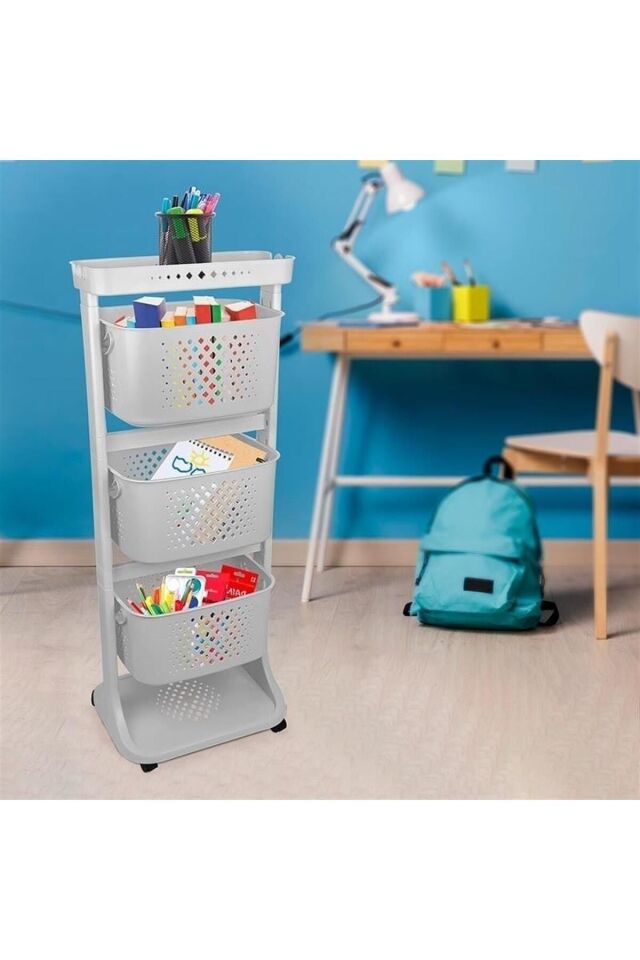 3 Katlı Çok Amaçlı Tekerlekli Sepet Titiz Kat Kat Organizer Banyo Mutfak Düzenleyici