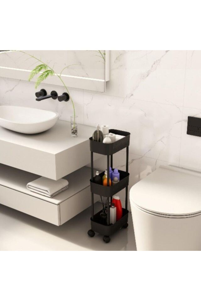 Çok Amaçlı Tekerlekli Üç Katlı Mutfak Banyo Rafı, Tekerlekli Portatif Raf Sistemi AR-058
