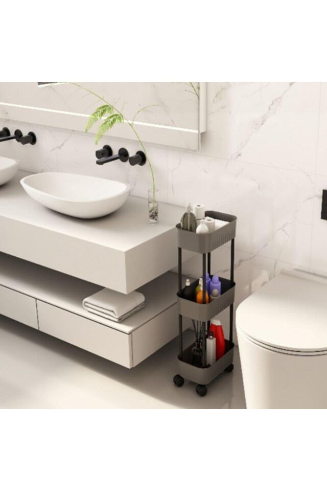 Çok Amaçlı Tekerlekli Üç Katlı Mutfak Banyo Rafı, Tekerlekli Portatif Raf Sistemi AR-058