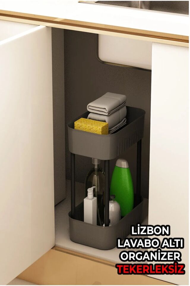 Antrasit Lizbon Çok Amaçlı 2 Katlı Banyo Düzenleyici Dolap Içi Tezgah Altı Tekerleksiz Organizer