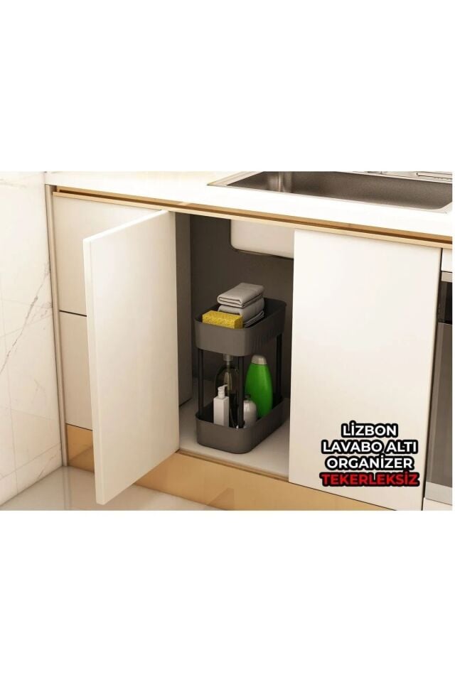 Antrasit Lizbon Çok Amaçlı 2 Katlı Banyo Düzenleyici Dolap Içi Tezgah Altı Tekerleksiz Organizer