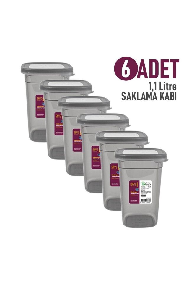 6 Adet 1,1 Litre Dikdörtgen Saklama Kabı, Bakliyat Kutusu, 6'lı Saklama Kabı Antrasit