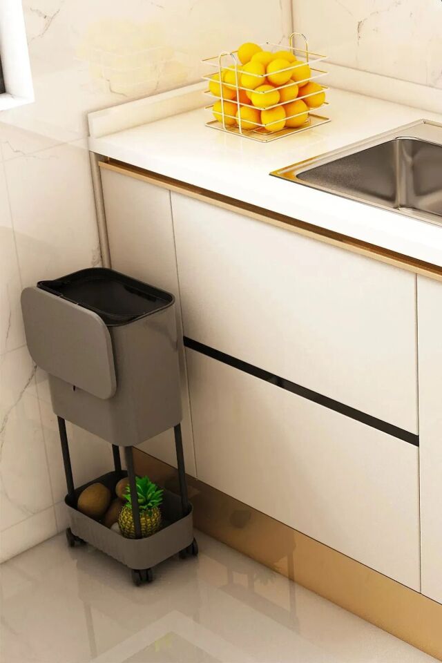 Tek Raf Üniteli Tekerlekli Çöp Kovası Fonksiyonel Kapaklı Banyo Mutfak Çöp Kutusu