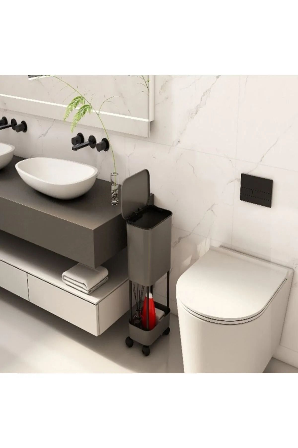 Tek Raf Üniteli Tekerlekli Çöp Kovası Fonksiyonel Kapaklı Banyo Mutfak Çöp Kutusu