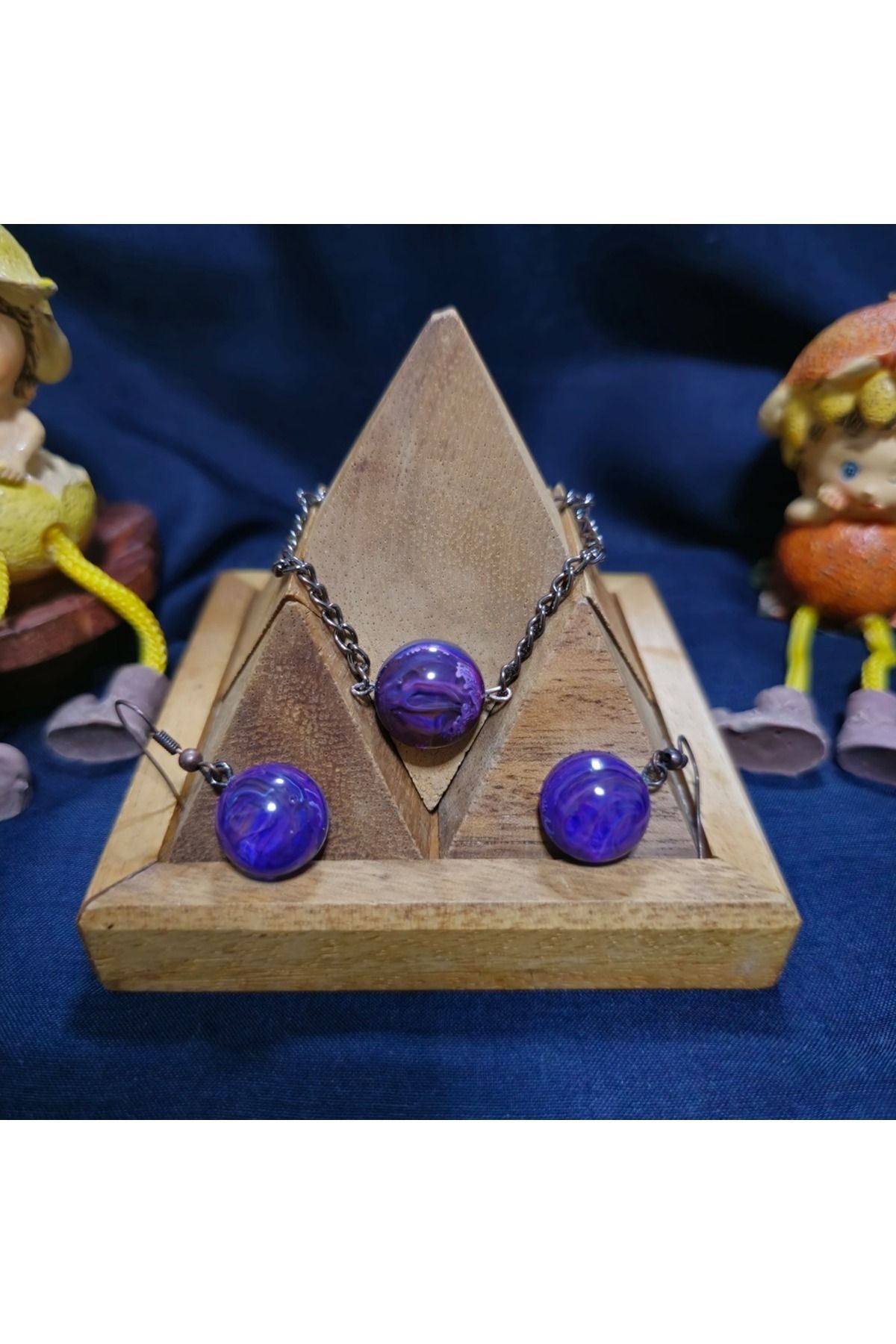 Tasarım Epoksi Ebru Bileklik Küpe Set, El Yapımı, Handmade, Kişiye Özel, Mor
