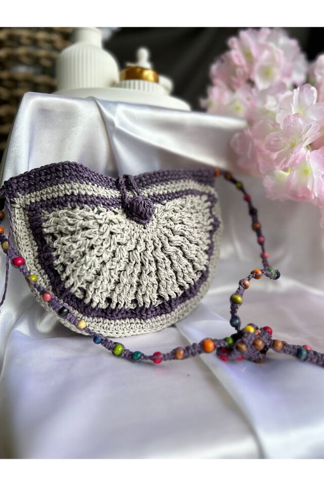 Hasır El Yapımı Boncuk Detaylı Mini Örgü Çanta, Kadın Omuz Çantası, Plaj Çantası, Tasarım, Handmade