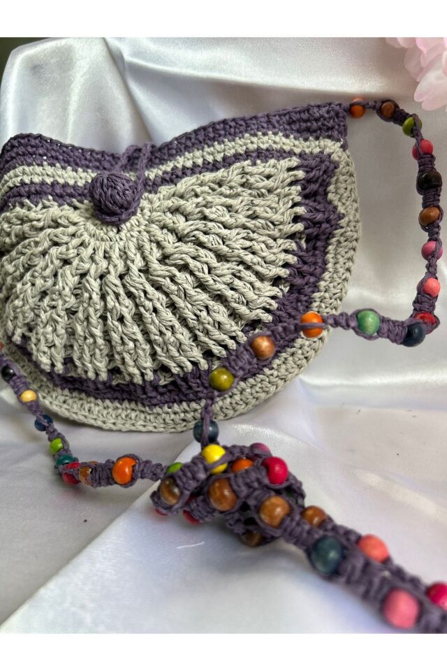 Hasır El Yapımı Boncuk Detaylı Mini Örgü Çanta, Kadın Omuz Çantası, Plaj Çantası, Tasarım, Handmade