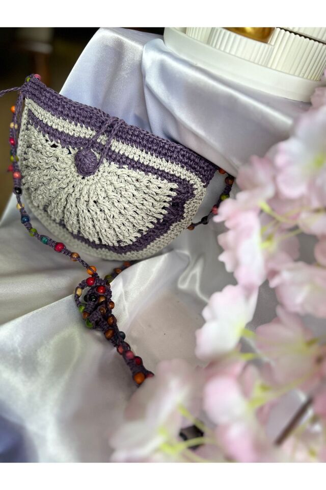 Hasır El Yapımı Boncuk Detaylı Mini Örgü Çanta, Kadın Omuz Çantası, Plaj Çantası, Tasarım, Handmade