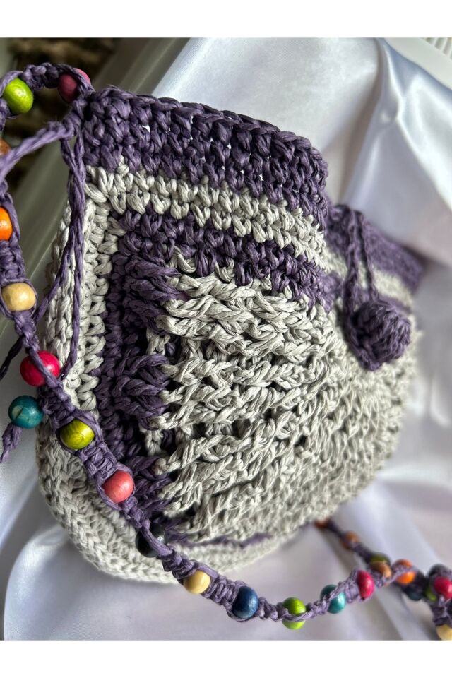 Hasır El Yapımı Boncuk Detaylı Mini Örgü Çanta, Kadın Omuz Çantası, Plaj Çantası, Tasarım, Handmade