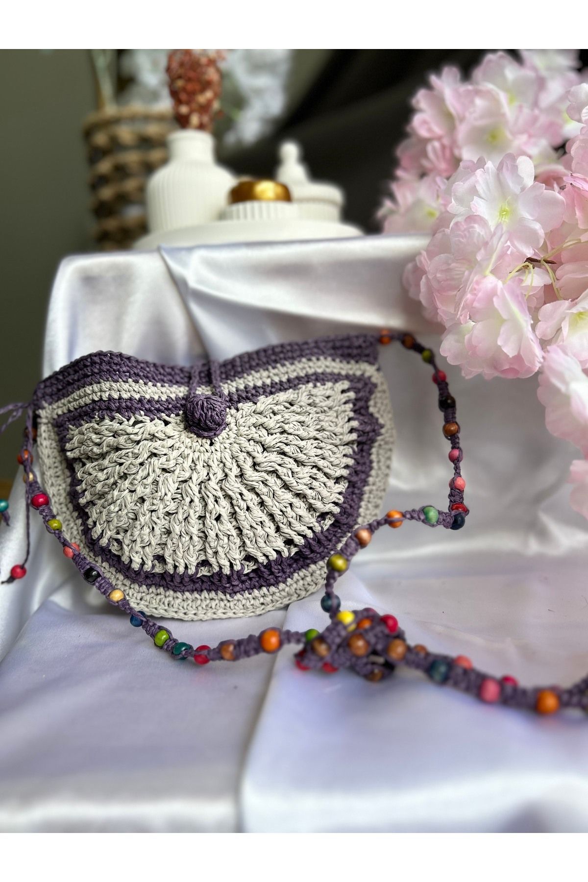 Hasır El Yapımı Boncuk Detaylı Mini Örgü Çanta, Kadın Omuz Çantası, Plaj Çantası, Tasarım, Handmade