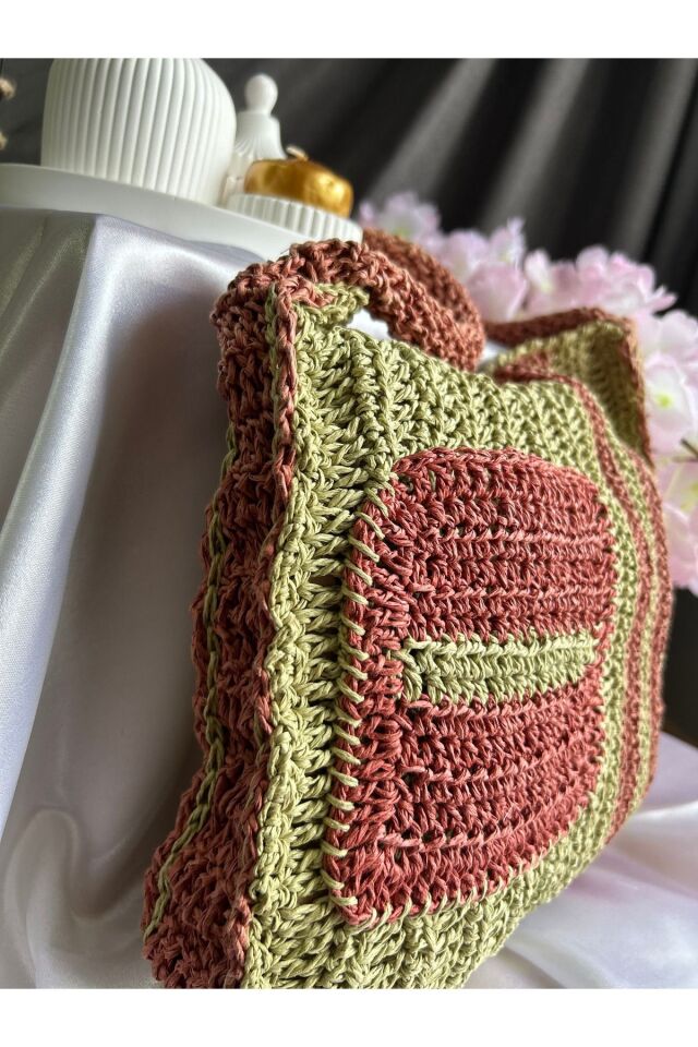Hasır El Yapımı Örgü Çanta, Kadın Cep Detaylı Omuz Çantası, Plaj Çantası, Tasarım, Handmade