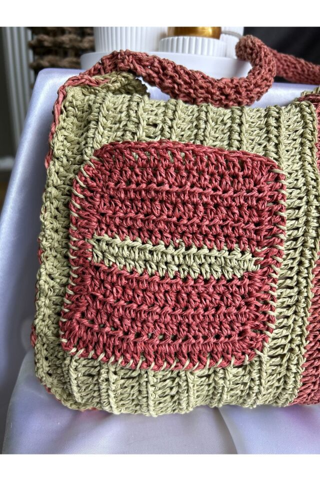 Hasır El Yapımı Örgü Çanta, Kadın Cep Detaylı Omuz Çantası, Plaj Çantası, Tasarım, Handmade