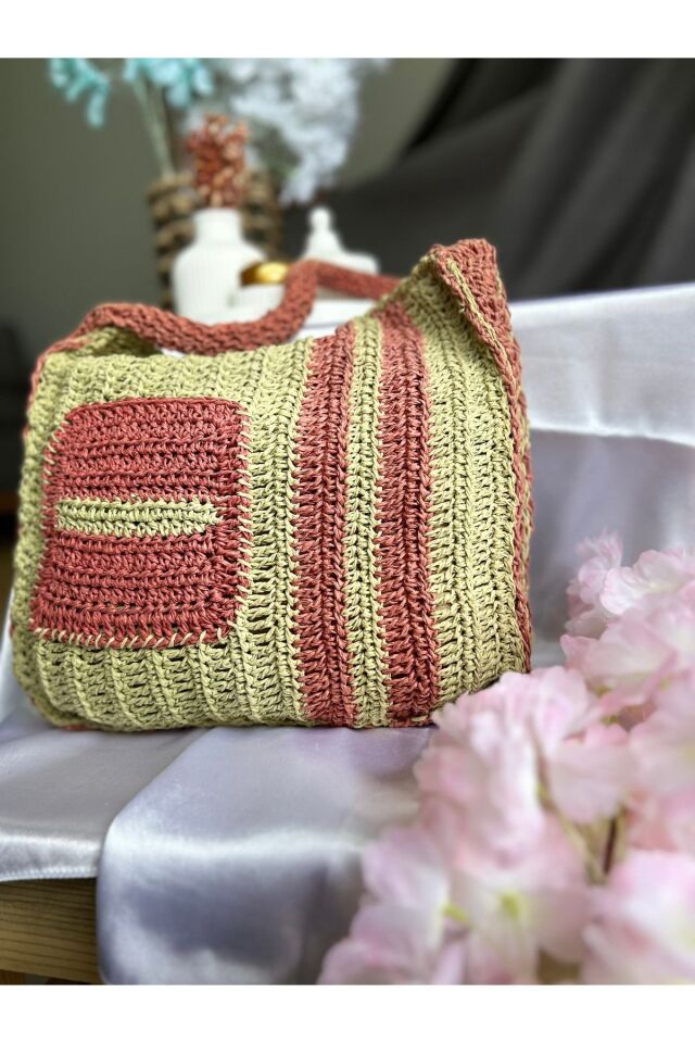 Hasır El Yapımı Örgü Çanta, Kadın Cep Detaylı Omuz Çantası, Plaj Çantası, Tasarım, Handmade