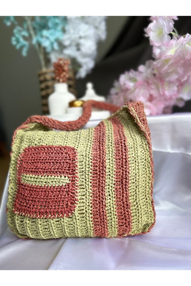 Hasır El Yapımı Örgü Çanta, Kadın Cep Detaylı Omuz Çantası, Plaj Çantası, Tasarım, Handmade