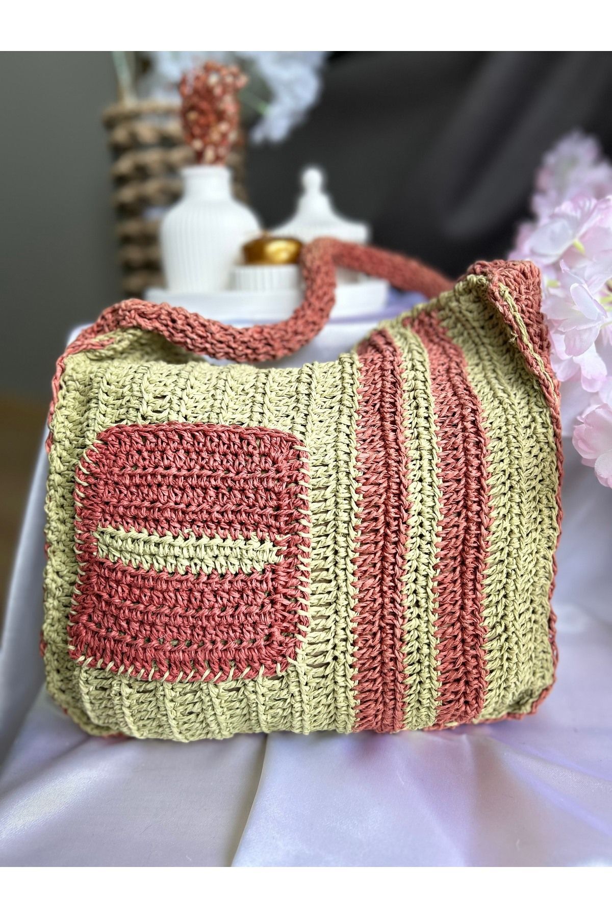 Hasır El Yapımı Örgü Çanta, Kadın Cep Detaylı Omuz Çantası, Plaj Çantası, Tasarım, Handmade