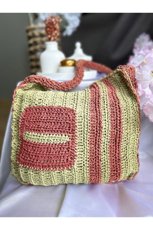 Hasır El Yapımı Örgü Çanta, Kadın Cep Detaylı Omuz Çantası, Plaj Çantası, Tasarım, Handmade