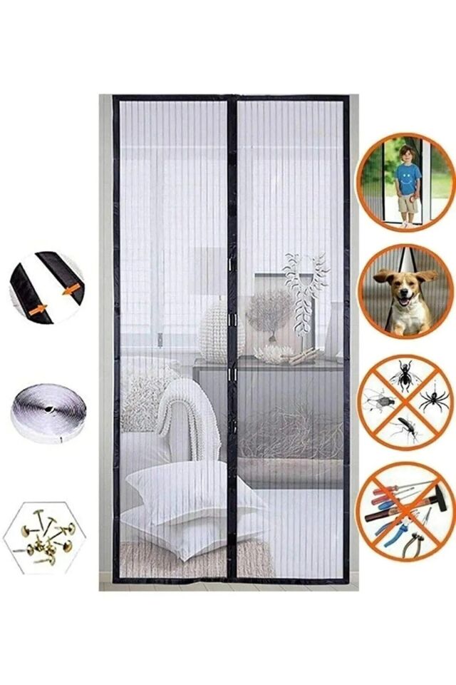 Siyah Mıknatıslı Kapı Sinekliği Balkon Bahçe Kapısı Sinek Böcek Önleyici Tül Perde Sineklik 2 Parça