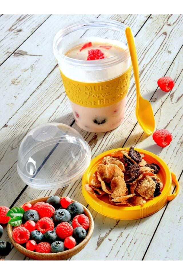 Kapaklı Kaşıklı Meyveli Yoğurt Kabı, Müsli Kabı, Yemek Saklama Kabı