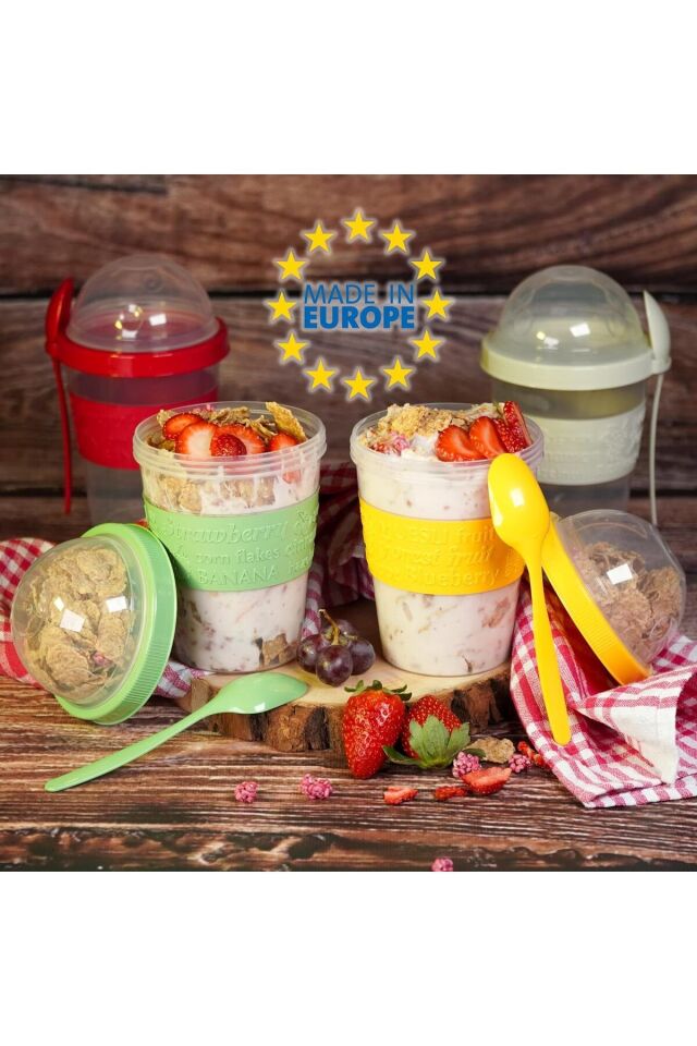 4 Adet Kapaklı Kaşıklı Meyveli Yoğurt Kabı, Müsli Kabı, Yemek Saklama Kabı