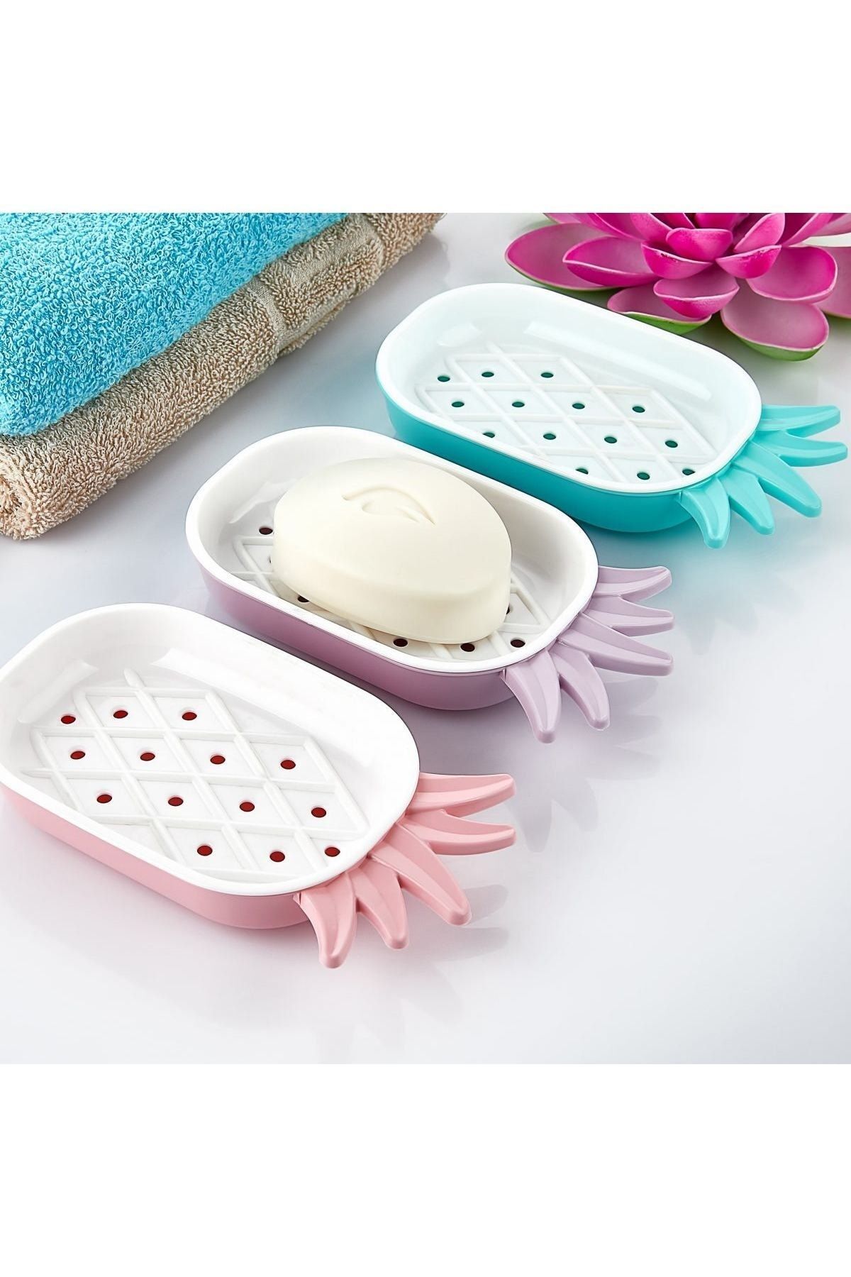 Ananas Detaylı Süzgeçli Kuru Sabunluk, Banyo Kuru Sabun Kalıbı, Katı Sabun Kabı, Sabunluk Lila