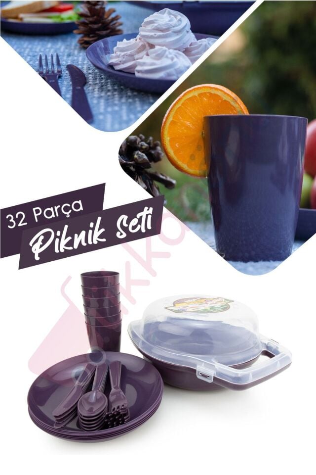 Kilitli Taşınabilir Piknik Seti 32 Parça 6 Kişilik Omak Decobella Plastart ( Mürdüm )