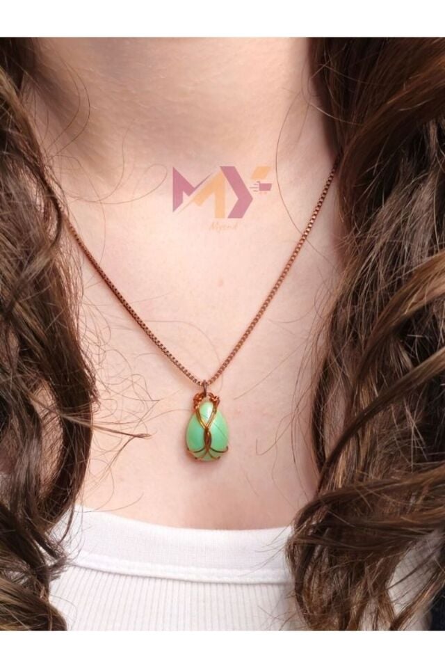 Epoksi Döküm Tel Sargı Kolye, El Emeği Bakır Tel Sargılı Bohem Tarz Kolye Yeşil