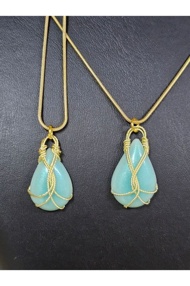 Epoksi Döküm Tel Sargı Kolye, El Emeği Bakır Tel Sargılı Bohem Tarz Kolye Turkuaz