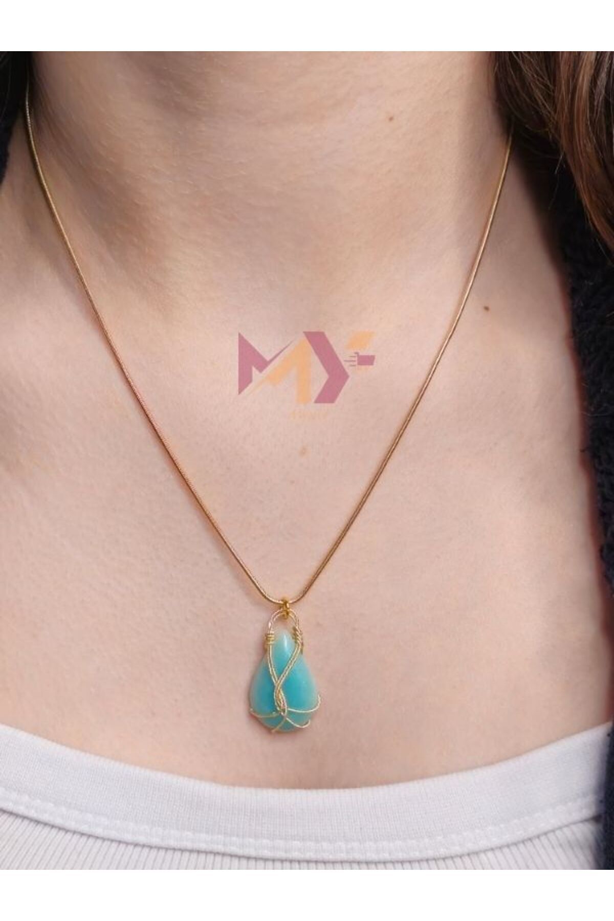 Epoksi Döküm Tel Sargı Kolye, El Emeği Bakır Tel Sargılı Bohem Tarz Kolye Turkuaz