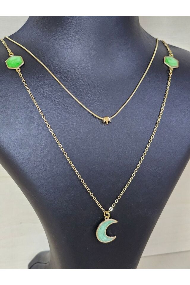 Çift Zincir Epoksi Döküm Taşlı Yaz Stili Kolye, Zincir Kolye Kombin Yeşil