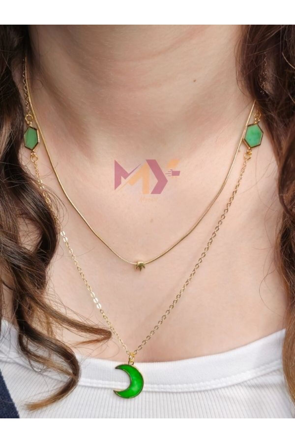 Çift Zincir Epoksi Döküm Taşlı Yaz Stili Kolye, Zincir Kolye Kombin Yeşil