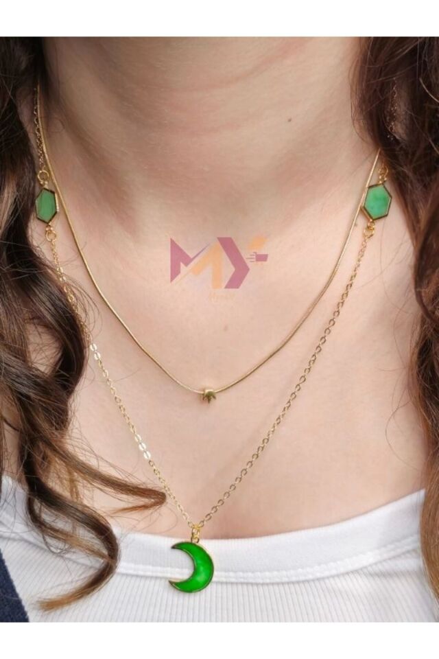 Çift Zincir Epoksi Döküm Taşlı Yaz Stili Kolye, Zincir Kolye Kombin Yeşil
