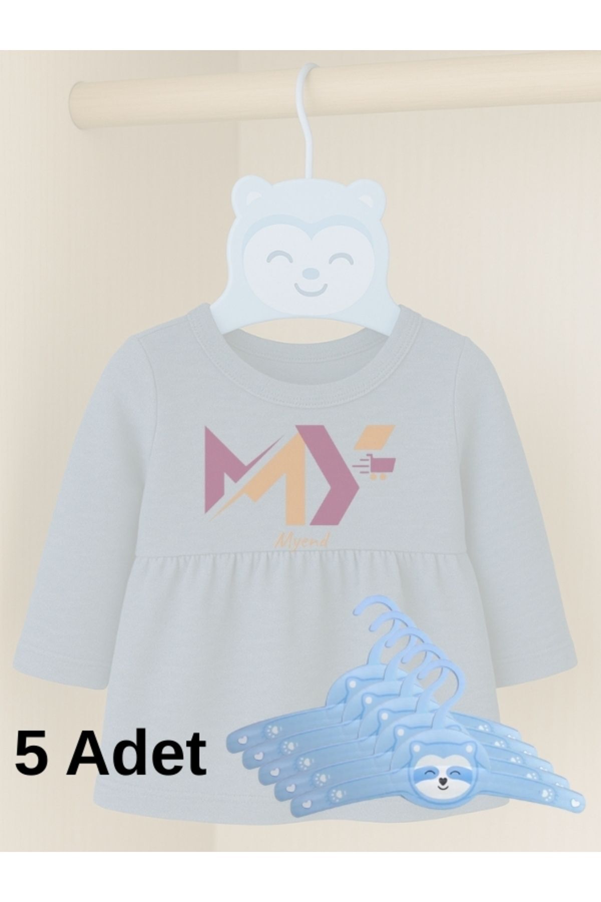 5 Adet Figürlü Çocuk Askısı, Çocuk & Bebek Kıyafet Askısı Panda Figürlü Mavi