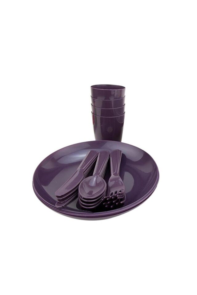 32 Parça Piknik Seti, Kilitli Taşıma Çantalı 32'li Plastik Piknik, Yolculuk Tabak Çatal Bardak Seti Mürdüm