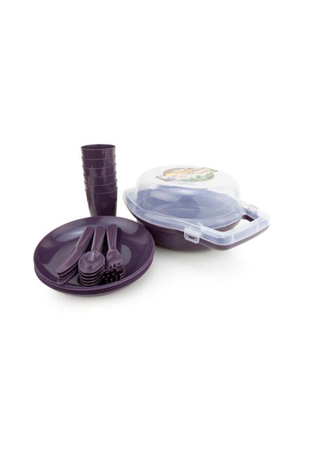 32 Parça Piknik Seti, Kilitli Taşıma Çantalı 32'li Plastik Piknik, Yolculuk Tabak Çatal Bardak Seti Mürdüm